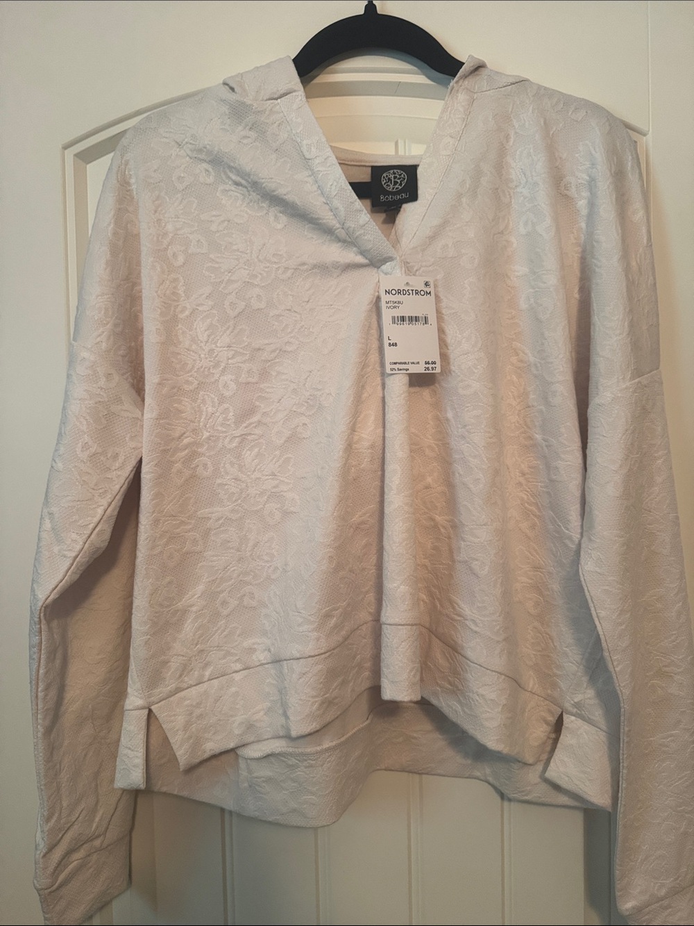 Bobeau Cream Floral-Jacquard Hooded Pullover, L, New